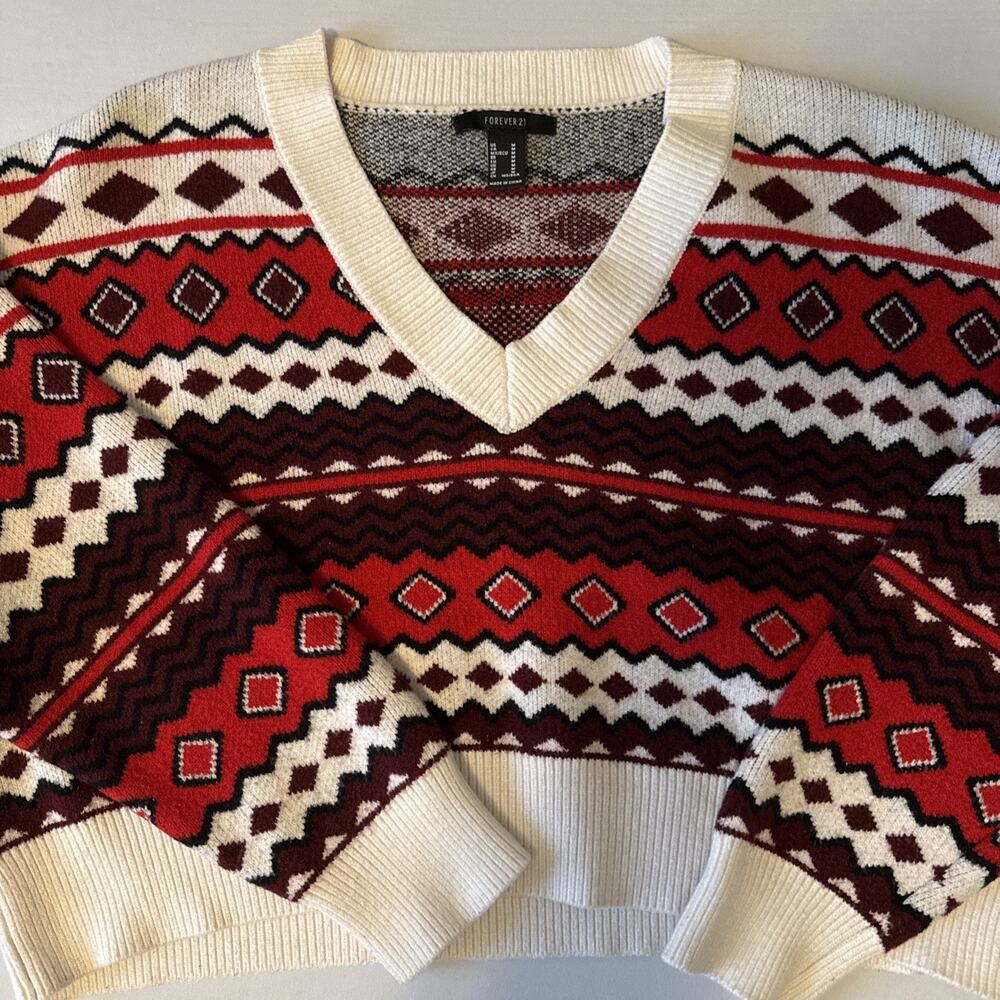 Forever 21 Fair Isle Red Cropped V Neck Knit Sweater Womens M Aztec Boho Holiday - Picture 4 of 11